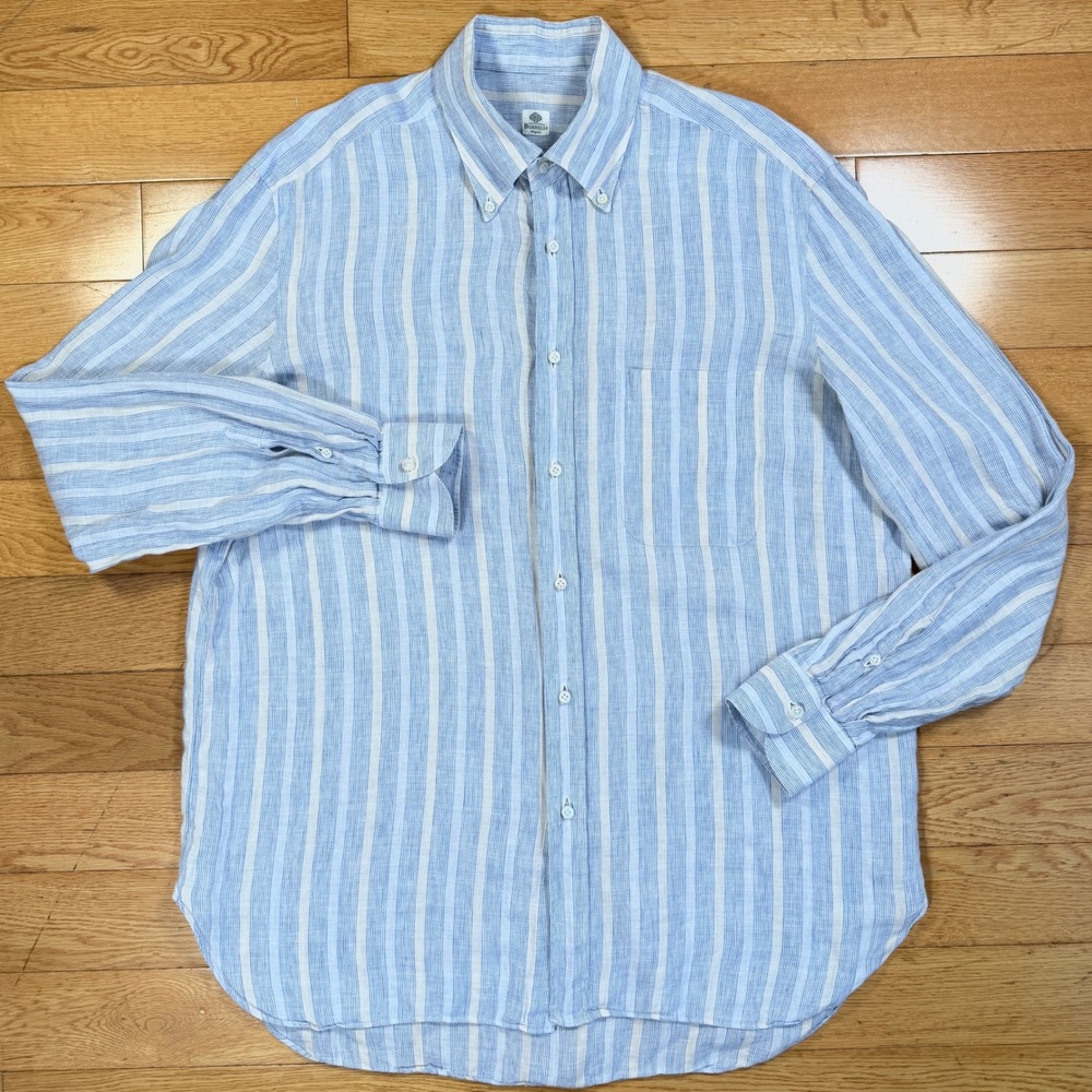 Luigi Borrelli Napoli Blue White Striped Linen Button Down Shirt Mens 16.5 42
